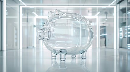 Poster - A futuristic, transparent piggy bank sits empty in the center of the image, with a holographic bankruptcy notice projected above it. The background is minimal and clean, providing ample copy space