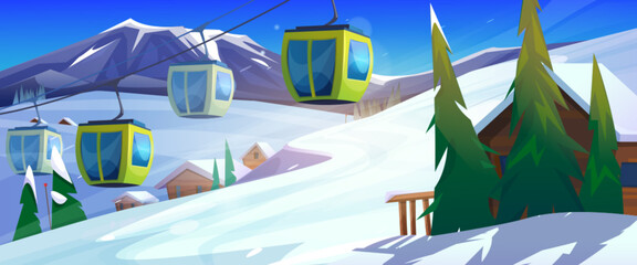 Winter ski resort with cable cars in mountains. Vector cartoon illustration of gondola lift carrying tourists above snowy slope, wooden chalet houses and trees, Alpine landscape, holiday recreation