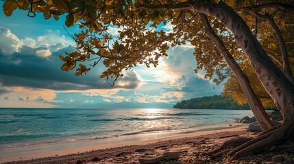 Wall Mural - Beach with trees and sky. copy space for text.