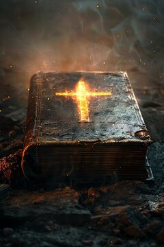 Bible with a glowing cross in the background, Religious symbol, Spirituality