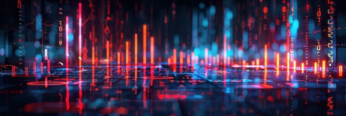 Abstract digital background with neon lights, data, and numbers. Futuristic and technological concept of  cyberpunk, artificial intelligence, data science, and virtual reality.