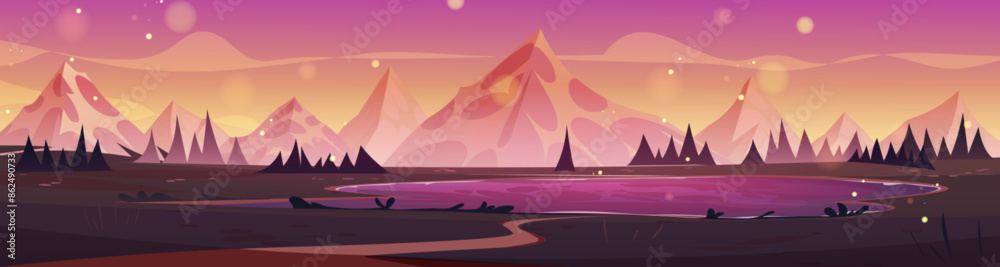 Sunset sky landscape with mountain and lake view vector background ...