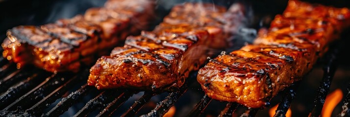 Canvas Print - Close-up of juicy BBQ ribs grilling over fire on a grill. Concept of summer barbecue, grilling outdoors, backyard party, and food photography.