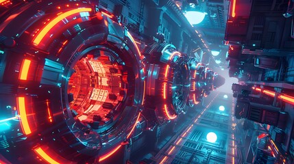 Poster - a futuristic cityscape with neon lights and glowing orbs. the atmosphere is futuristic and otherworl