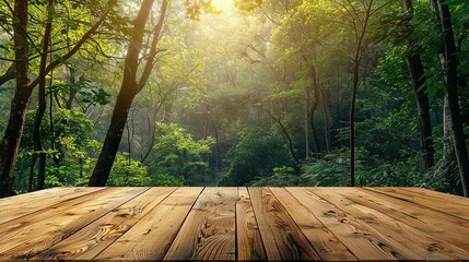 Camping wooden tabletop, empty wood table top in green forest, concept of outdoor nature activity dais podium counter product display platform mockup background banner.