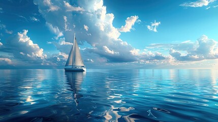 Sailboat gliding on calm blue sea with a clear sky and fluffy clouds, creating a serene and peaceful atmosphere