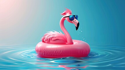 Wall Mural - Pink flamingo with sunglasses floats in an inflatable circle illustration. Summer minimal concept 