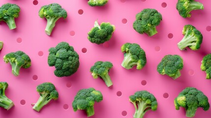 Broccoli florets on a pink background, healthy eating concept