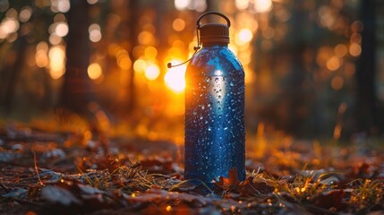 Wall Mural - Water Bottle in a Forest at Sunset