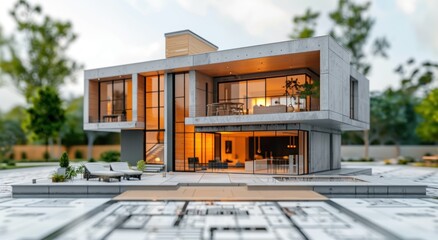 Sticker - Modern house model with blueprint in foreground. Concept of architecture, real estate, construction, and home design.