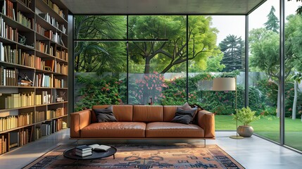 Wall Mural - Modern Living Room Interior With Leather Sofa, Bookshelf, Floor Lamp And Garden View Through The Window 