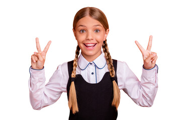 Canvas Print - Close-up portrait of her she nice attractive lovely charming cute cheerful cheery glad pre-teen girl showing double v-sign good mood isolated over bright vivid shine orange background