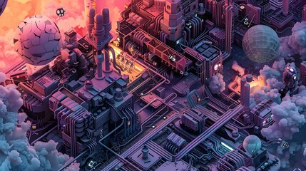 Poster - A futuristic cityscape with a lot of machinery and technology. The sky is filled with clouds and there are many spaceships flying around. Scene is one of excitement and wonder