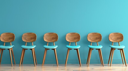 Canvas Print - Row of Wooden Chairs with Blue Seats Against a Teal Wall