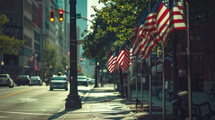 A Row of American Flags on a City Street. Memorial Day. Generative AI