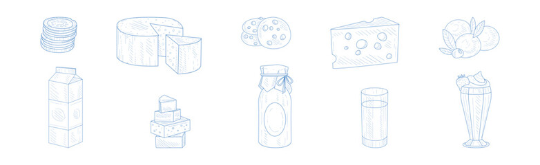 Canvas Print - Milk and Dairy Healthy Product and Food Item Sketch Hand Drawn Vector Set