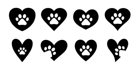 Wall Mural - Pow with heart dog, cat animal pow or footprint icon set in black and white color for animal lovers. Animal footprint with heart. Footprint and heart icons collection. Heart and pet paw print dog cat.