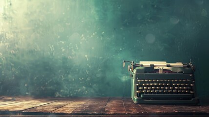 Vintage typewriter on wooden desk with dust particles and moody dark background