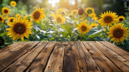 Wall Mural - Charming Wooden Tabletop with Sunflowers Garden in the Background: Perfect for Rustic Outdoor Dining and Nature Enthusiasts, Capturing the Essence of Summer, Nature, and Serenity