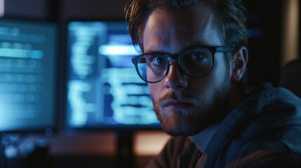 The picture of the software developer or programmer working with the computer and data inside the dark room with monitor, the developer require skills like problem solving and program language. AIG43.