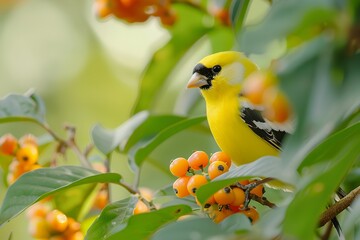 A close-up photo of an American goldfinch eating orange berries on the branch of an acacia tree, in a natural environment, with a high definition photography style. The bird is yellow with black and w