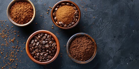 Coffee Beans and Ground Coffee in Bowls on Black Background