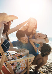 Poster - Family, beach and parents with kids, playful and bonding together with vacation, relax and ocean. Seaside, mother and father with children, active and adventure with holiday, getaway trip and travel