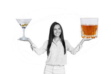 Poster - Collage picture of cheerful black white colors girl arms hold compare big martini whiskey glass isolated on checkered drawing blue background