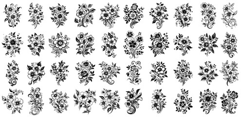 Wall Mural - decorated black vector flowers and leaves composition big collection