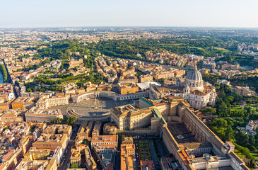 Sticker - Rome, Italy. St. Peter's Cathedral - Basilica di San Pietro. Panorama of the city on a summer morning. Sunny weather. Aerial view