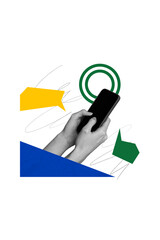 Aufkleber - Vertical creative photo collage of hands arms hold phone typing message sms internet connection notification on drawing background