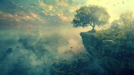Wall Mural - Ethereal landscape with lone tree on cliff and birds flying at sunset