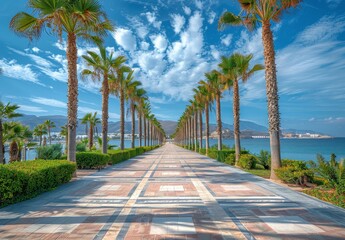 Wall Mural - Brick Pathway Leading to a Blue Sea With Palm Trees and a Sunny Sky