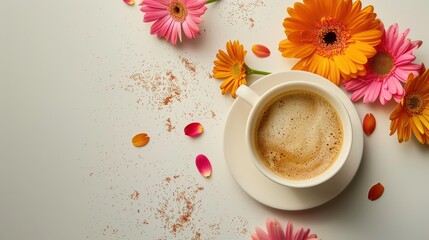 An inviting composition featuring a cup of fragrant coffee next to colorful flowers all set against a blank background creating a serene copy space image. Generative AI