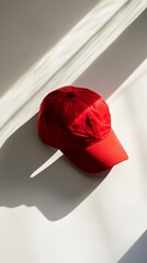 Wall Mural - Red baseball cap on white background with dramatic shadow, fashion accessory concept