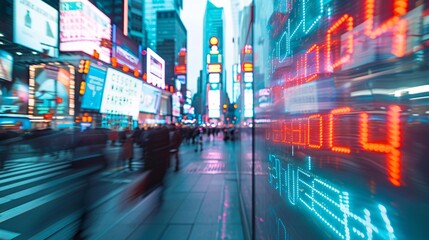 Poster - a bustling, neon-lit urban environment is punctuated by holographic foreclosure signs and bankruptcy