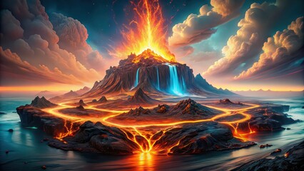 Abstract volcanic island with holographic lava flowing, creating a stunning futuristic backdrop , holographic, lava