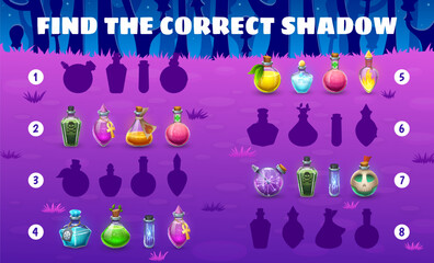 Poster - Halloween kids game. Help to find a correct potion bottles shadow. Kids vector matching quiz worksheet with cartoon brew flask silhouettes. Children logic activity, educational riddle or leisure task