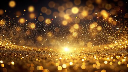 Wall Mural - Shiny glitter particles flowing on dark background with golden bokeh , luxury, sparkle, glamorous, festive, celebration