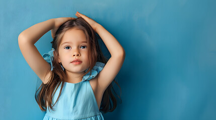 Wall Mural - Little girl in a blue dress standing with hands on her head against a matching blue background