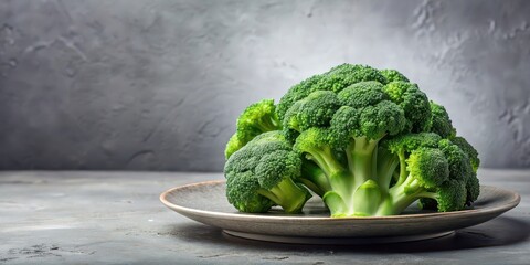 Wall Mural - Fresh green broccoli on a plate with copy space on a gray background, broccoli, healthy, fresh, green, vegetable, nutrition