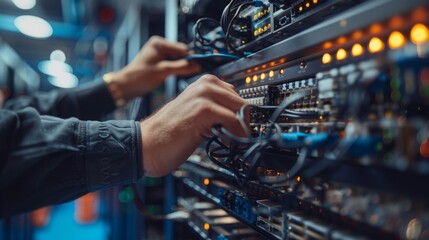telecom technician working on a patch panel in a data center.