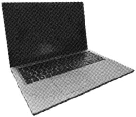 Halftone laptop on transparent background. Collage element.