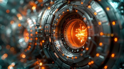 Canvas Print - Compact Fusion Reactor:Pulsing Energy,Technicians Inspecting Sleek Modular Design in Sterile Laboratory