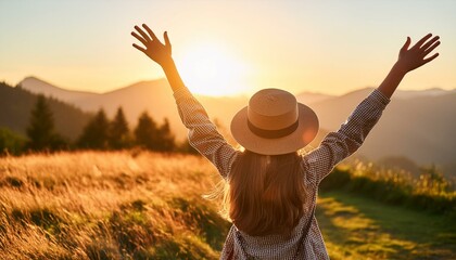 Happy girl celebrating success at sunset. The girl is wearing a hat and her arms are outstretched.