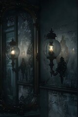 Wall Mural - Haunting Reflections:Distorted Figures in Antique Mirrors Reveal Unseen Presences within Dimly Lit Gothic Interiors