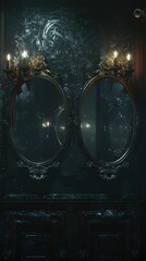 Wall Mural - Haunting Reflections in Ornate Vanity Mirrors - Surreal Ghostly Visages Captured in Cinematic Closeup