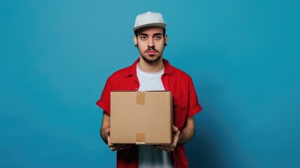 Wall Mural - Young courier, the delivery man, holds an empty cardboard box isolated on blue background