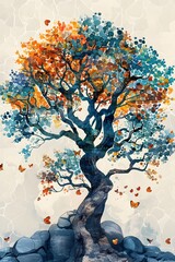 Sticker - Vibrant Watercolor Conceptual Family Tree with Intricate Organic Branching Patterns and Ethereal Modernist Landscape