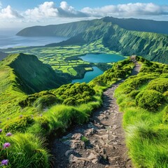 Wall Mural - Serene Hiking Trail Overlooking a Verdant Volcanic Landscape